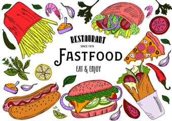 Templates for label design with hand drawn fastfood