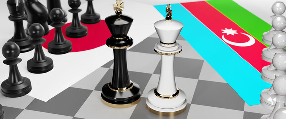 Japan and Azerbaijan conflict, clash, crisis and debate between those two countries that aims at a trade deal and dominance symbolized by a chess game with national flags, 3d illustration