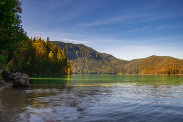 autumn view of eibsee bayern, beautiful blue lake