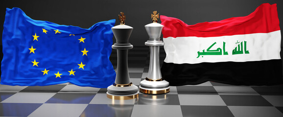 EU Europe Iraq summit, fight or a stand off between those two countries that aims at solving political issues, symbolized by a chess game with national flags, 3d illustration - obrazy, fototapety, plakaty