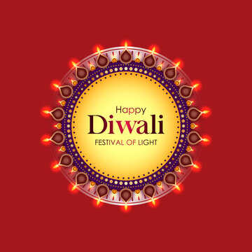 Happy Diwali Indian festival greeting with beautiful decoration of illuminated oil lamps in circular form on maroon background.