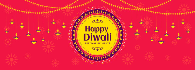 Happy Diwali festival banner design with decoration of hanging illuminated oil lamps and lights on beautiful pinkish red background for Diwali Celebration.