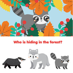 Educational game for children, kids activity. Matching game with forest animals