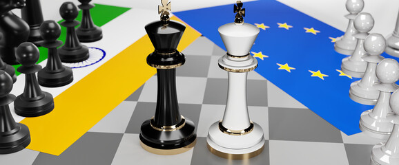 India and EU Europe conflict, clash, crisis and debate between those two countries that aims at a trade deal and dominance symbolized by a chess game with national flags, 3d illustration