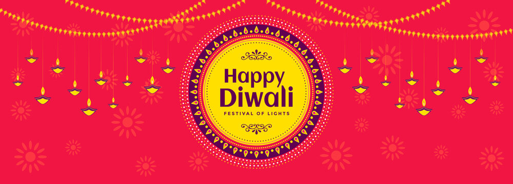 Happy Diwali festival banner design with decoration of hanging illuminated oil lamps and lights on beautiful pinkish red background for Diwali Celebration.