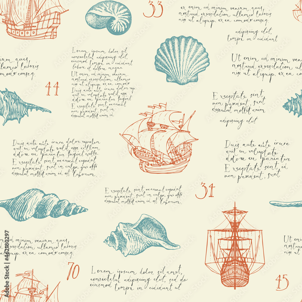 Poster seamless pattern with hand-drawn old ships, various seashells and handwritten text lorem ipsum. vect