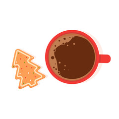 Hot chocolate in the red cup and gingerbread in the shape of a Christmas tree. White background. Vector illustration
