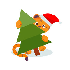 Cute little tiger in the red cap carrying a Christmas tree. White background. 