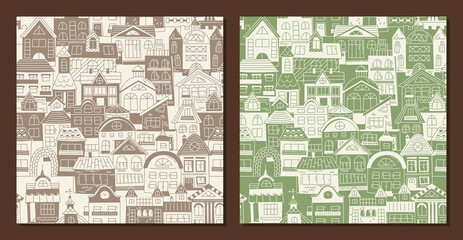 Old city - vector set of seamless patterns in scandinavian style. Repeating pattern for fabric, textile, wallpaper, posters, gift wrapping paper, napkins, tablecloths. Print for kids, children. 