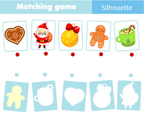 Shadow matching game for children. silhouette Christmas and New year theme fun page for toddlers and kids