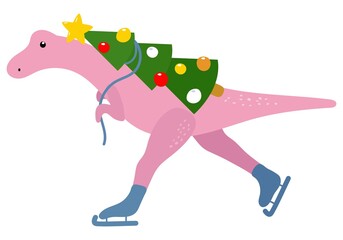 Cute Christmas dinosaur ice skating with a Christmas tree. White background, isolate. Vector illustration.