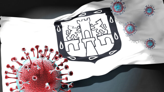Covid in Mexico City Mexico - coronavirus attacking a city flag of Mexico City Mexico as a symbol of a fight and struggle with the virus pandemic in this city, 3d illustration