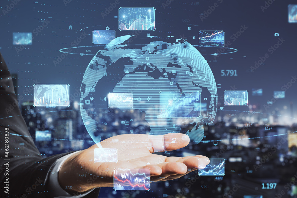 Poster close up of businessman hand holding abstract globe with forex charts and graphs on blurry night cit