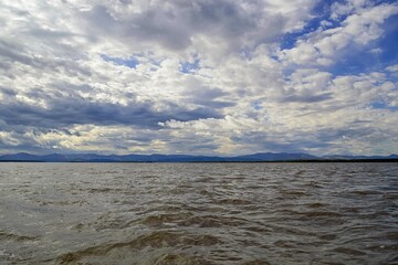Amur river valley. Sikhote-Alin mountain ridge on the horizon. Khabarovsk Krai, far East, Russia.