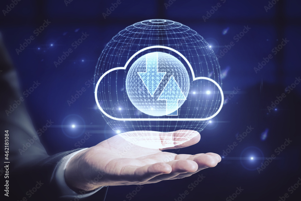Poster Hand holding abstract digital globe with cloud and arrows. Cloud computing and upload concept.