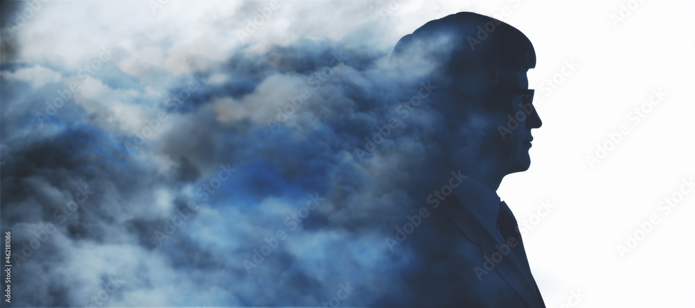 Poster abstract head in clouds concept. businessman silhouette on white sky background with mock up place. 