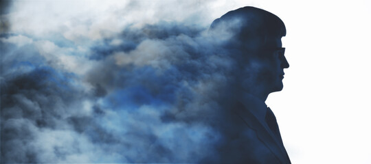 Abstract head in clouds concept. Businessman silhouette on white sky background with mock up place. Double exposure.