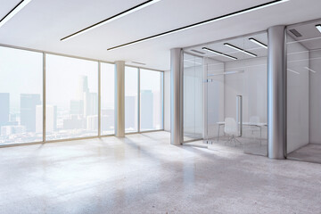 New empty concrete interior with window and city view. Minimalism and design concept. 3D Rendering.