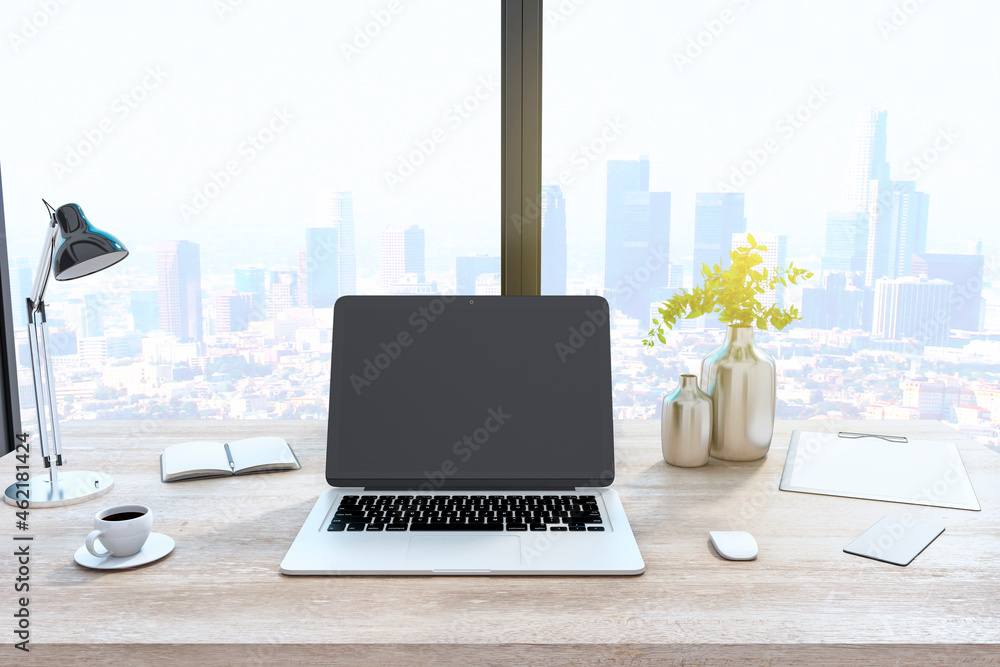 Poster Creative designer desktop with empty laptop computer in modern interior with window and bright city view. Mock up, 3D Rendering.