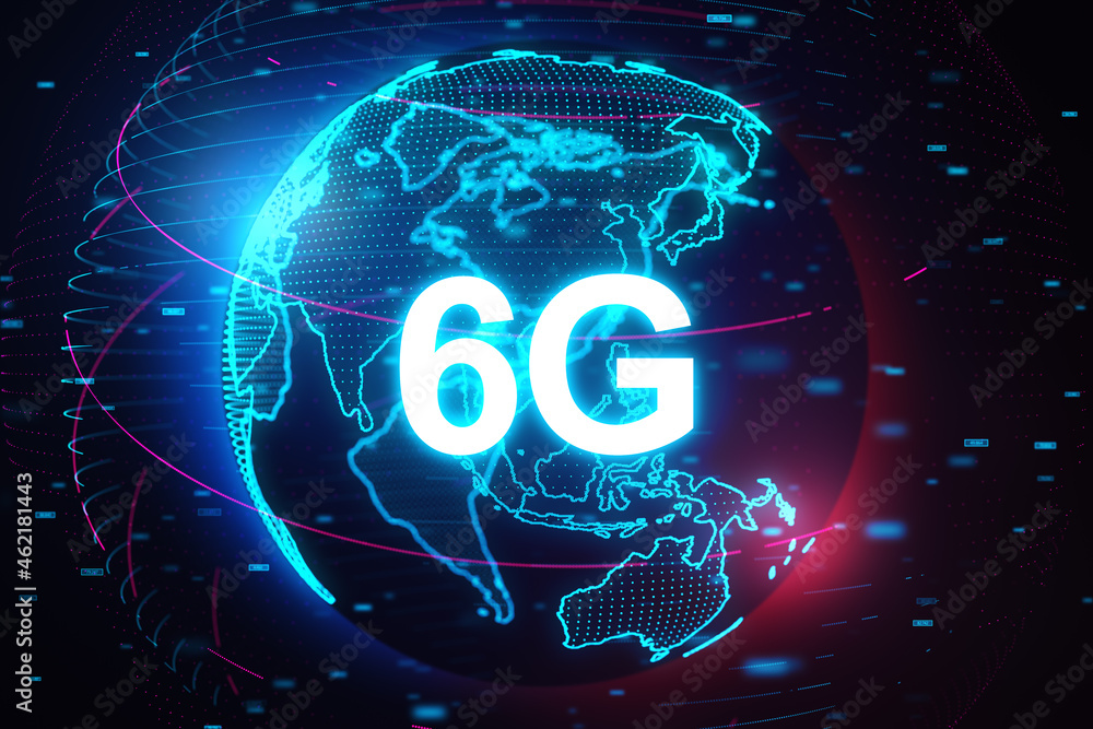 Poster Globe with 6G hologram on dark backdrop. Technology, data and future concept. 3D Rendering.