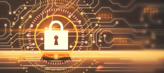 Abstract glowing padlock interface on orange background with wide mock up place. Safety, security and protection concept. 3D Rendering.