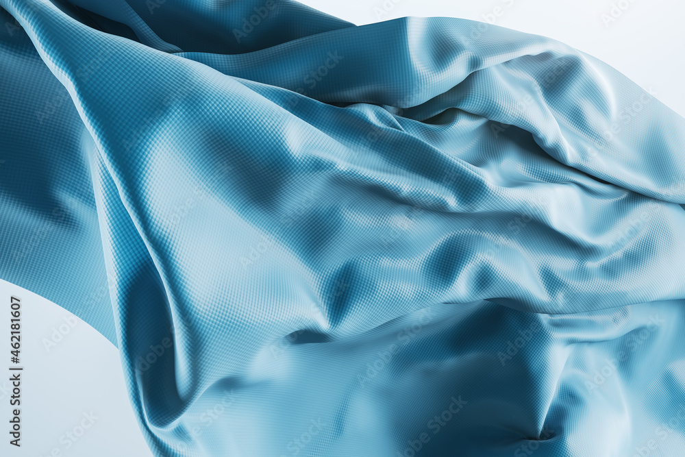 Poster beautiful shiny blue cloth on white backdrop. design, fabric and landing page concept. 3d rendering.