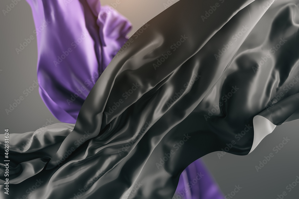 Poster beautiful shiny black cloth on white background. design, fabric and landing page concept. 3d renderi