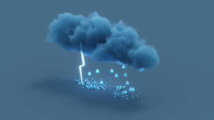 Cartoon style raining cloud with thunderstorm 3D render