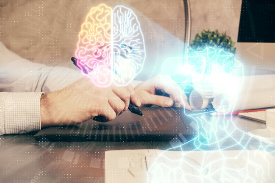 Double exposure of man's hands holding and using a digital device and AR glasses drawing. Virtual reality concept. - Powered by Adobe