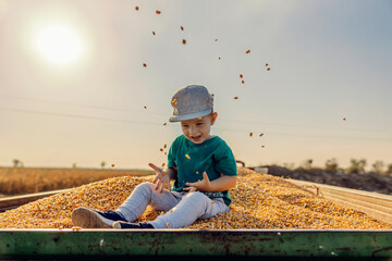 An excited little farmer boy sits in a tractor-trailer full of corn grains and tossing grains in...