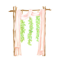 Watercolor wood wedding arch with hanging ivy leaves garlands and pastel curtains. Hand drawn wood archway isolated on white. Boho wedding decoration, rustic decor for invitation, save the date