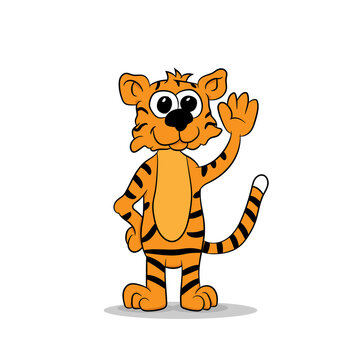 Cute cartoon tiger with a waving hand on a white background, vector illustration
