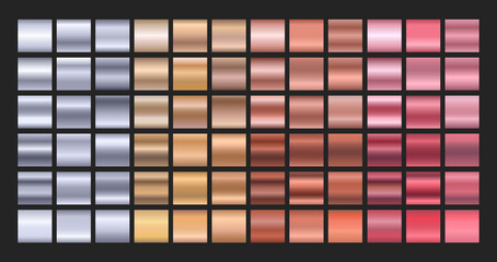 Metal gradient set. Textured backgrounds in gold, silver, bronze and rose gold. Set of colorful gradient illustrations for background, cover, frame, ribbon, banner, coin, label, card, poster, ring.