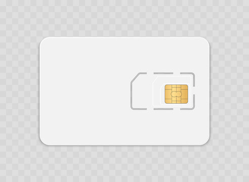 Sim card isolated on transparent background. Smart cell wireless telecommunications micro gsm chip, electronics and telecommunication microchip design. Vector illustration