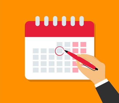 Calendar icon and red circle. Highlighted day on the calendar. Significant event. Mark the date, holiday, important day. Modern design concept for web banners, sites, print materials, infographics.