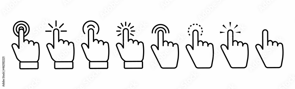 Poster set of hand pointer symbol in thin line style. computer mouse click cursor in white background. clic