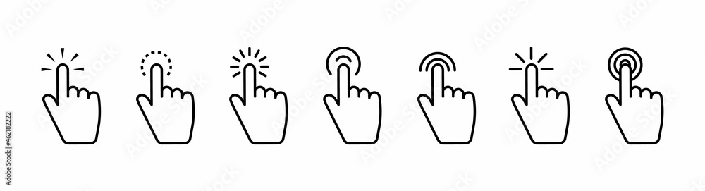 Poster set of hand pointer symbol in thin line style. computer mouse click cursor in white background. clic
