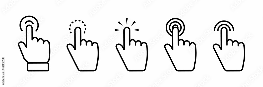 Poster set of hand pointer symbol in thin line style. computer mouse click cursor in white background. clic