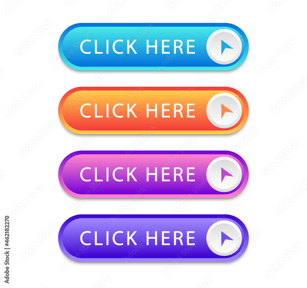 Aufkleber Set of colored buttons Click Here isolated on white background. Click here vector web button. UI button concept. Call to Action Button. Vector illustration