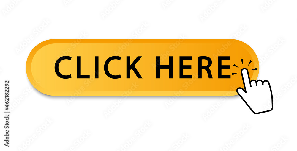 Aufkleber click here button. web button with action of hand pointer. button yellow for web sites or applicatio