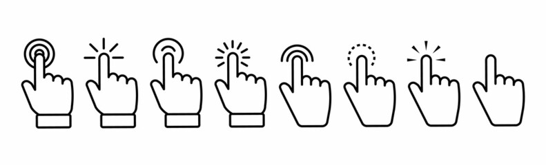 Set of Hand pointer symbol in thin line style. Computer mouse click cursor in white background. Clicking finger. Click cursor collection. Hand pointer icon. Touch gesture icon. Vector - obrazy, fototapety, plakaty