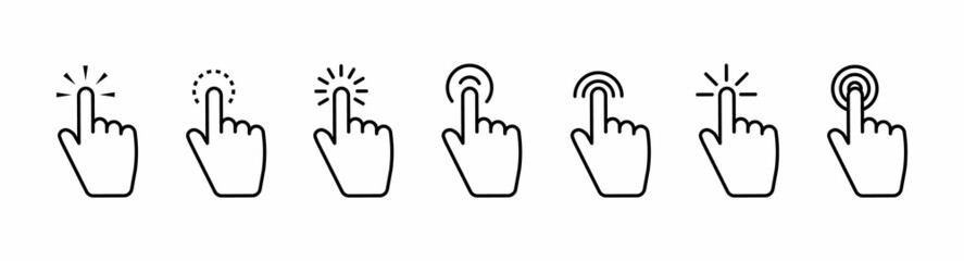 Set of Hand pointer symbol in thin line style. Computer mouse click cursor in white background. Clicking finger. Click cursor collection. Hand pointer icon. Touch gesture icon. Vector