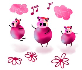 Dancing pigs set, pink magenta clouds, flowers and music notes illustration.