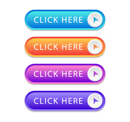 Set of colored buttons Click Here isolated on white background. Click here vector web button. UI button concept. Call to Action Button. Vector illustration - obrazy, fototapety, plakaty