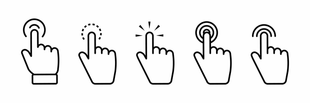 Set of Hand pointer symbol in thin line style. Computer mouse click cursor in white background. Clicking finger. Click cursor collection. Hand pointer icon. Touch gesture icon. Vector
