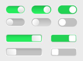 On and Off toggle switches. Collection of slider buttons. Buttons Toggle for user interface. Button mockup for modern devices. Vector illustration.