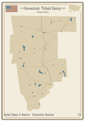 Map on an old playing card of Tolland county in Connecticut, USA.