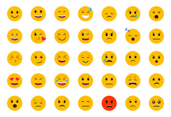 Set of emoticons. Emoji for messenger. Cartoon emoticons with different emotion. Yellow emoticon icons for chat. Vector illustration.