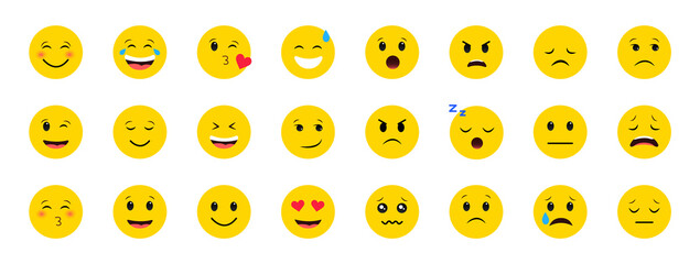 Set of emoticons. Emoji for messenger. Cartoon emoticons with different emotion. Yellow emoticon icons for chat. Vector illustration.