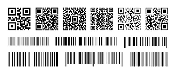 Set of barcodes and QR codes. Code information. Industrial barcodes. Price tag for laser scanning. Sale product information. Vector